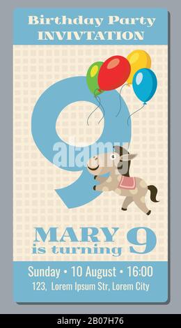 Carte d'invitation anniversaire avec modèle vectoriel de cheval mignon de 9 ans. L'invintation de poster à l'illustration de la fête d'anniversaire Illustration de Vecteur