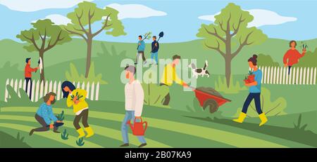 Personnes travaillant dans le jardin, jardinage agriculteurs ou familles Illustration de Vecteur