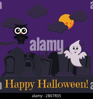 Bonne carte de vœux Halloween avec deux personnages mignons chouette noire sur branche sèche et vol fantôme près du cimetière. Illustration de Vecteur