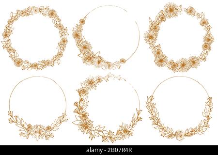 Six cadres floraux. Jeu d'illustrations vectorielles dessinées à la main. Cercle de fleurs de printemps. Ornement rond en or. Illustration de Vecteur