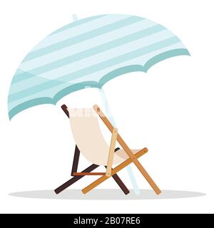 Chaise longue de plage en bois avec icône de parapluie bleu isolée sur fond blanc. Illustration de Vecteur