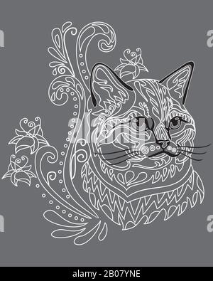 Portrait décoratif de chat moelleux aux gribouillis abstraits monochromes. Illustration vectorielle décorative en blanc et noir isolée sur fond gris. St Illustration de Vecteur