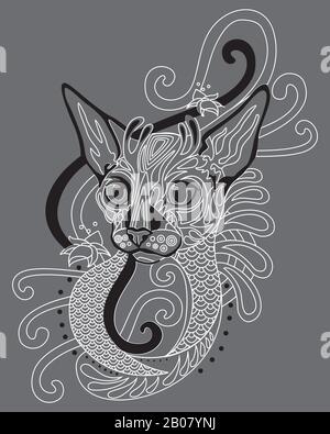 Portrait décoratif de gribouille abstrait monochrome du chat Cornish Rex. Illustration vectorielle décorative en blanc et noir isolée sur fond gris Illustration de Vecteur