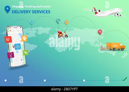 Concept de services d'expédition, de suivi et de livraison par messagerie, icône sur les achats en ligne en haut de l'écran qui contient la carte et le GPS. Illustration de Vecteur