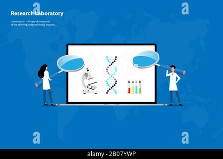 Concept de laboratoire de recherche, le scientifique tient une loupe et se concentre sur l'écran de l'ordinateur portable qui contient la structure chimique de l'ADN et du microscope. Illustration de Vecteur
