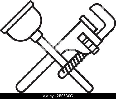 Icône de ligne vectorielle croisée entre le plongeur et la clé à tube. Symbole de contour des outils de plomberie. Illustration de Vecteur