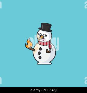 Bonhomme de neige effrayé regardant son dessin vectoriel de main de bâton brûlant pour la Journée de brûlage de bonhomme de neige le 20 mars. Illustration de Vecteur