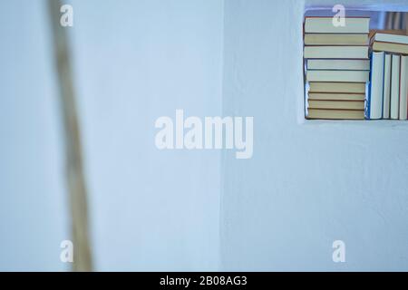 Détail lumineux d'un assortiment de livres dans un mur blanc texturé dans une salle de loft avec espace de copie, salon moderne Banque D'Images