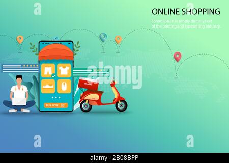 Concept d'affaires des achats en ligne, un homme cherche sur son ordinateur portable pour trouver un nouveau pantalon et s'asseoir près du scooter et d'un grand smartphone. Illustration de Vecteur