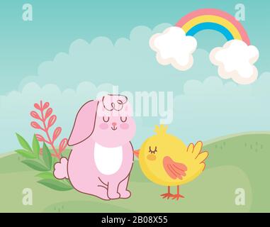 joyeuses pâques mignon lapin et poulet assis dans l'illustration vectorielle pré Illustration de Vecteur