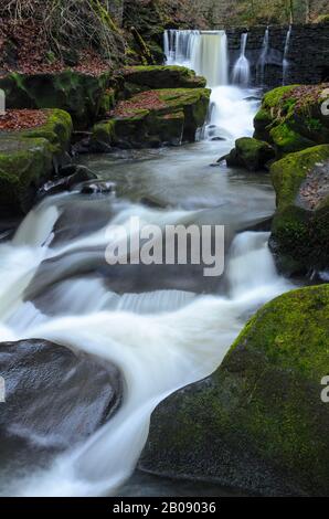 Chute D'Eau Dans La Rivière Spodden Dans La Réserve Naturelle De Healey Dell À Rochdale, Lancashire, Angleterre, Royaume-Uni. Banque D'Images