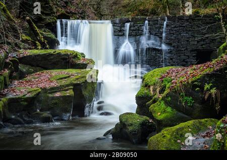 Chute D'Eau Dans La Rivière Spodden Dans La Réserve Naturelle De Healey Dell À Rochdale, Lancashire, Angleterre, Royaume-Uni. Banque D'Images