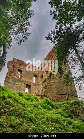 Ruines du château médiéval, XIVe siècle, près du village de Melsztyn, Roznow Foothills, Malopolska, Pologne Banque D'Images