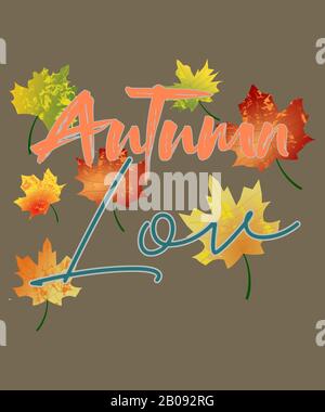 Illustration graphique automne Love avec feuilles colorées de automne et script en orange et bleu sarcelle sur un fond marron. Idéal pour les modèles d'automne. Banque D'Images