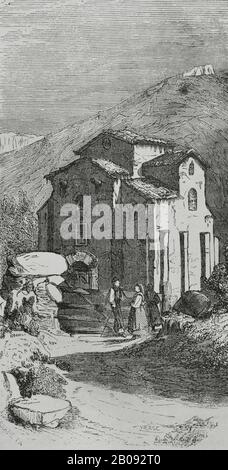 Espagne, Asturies, Oviedo. Église de Saint-Michel de Lillo. Style pré-roman asturien, IXe siècle. Vue extérieure. Église catholique romaine construite sur le mont Naranco, sous le règne de Ramiro I. Illustration par Urrabieta. Gravure par Vierge, XIXe siècle. Cronica général de España, Historia Ilustrada y Descriptiva de sus Provincias. Asturies et Leon. Banque D'Images