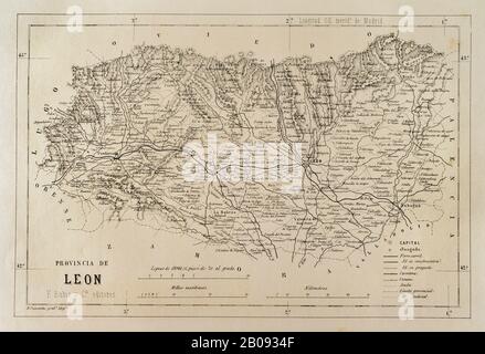 Espagne. Carte de la province de Leon. Cronica général de España, Historia Ilustrada y Descriptiva de sus Provincias. Asturies et Leon, 1867. Banque D'Images