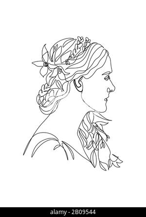 Femme dessin de ligne de nature. Fille avec feuilles vecteur. Sauver La Nature. Jour De La Terre. Face abstraite avec fleurs par dessin vectoriel d'une ligne. Portrait minimaliste Banque D'Images