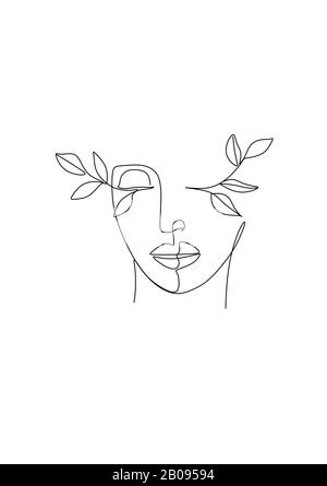 Femme dessin de ligne de nature. Fille avec feuilles vecteur. Sauver La Nature. Jour De La Terre. Face abstraite avec fleurs par dessin vectoriel d'une ligne. Portrait minimaliste Banque D'Images