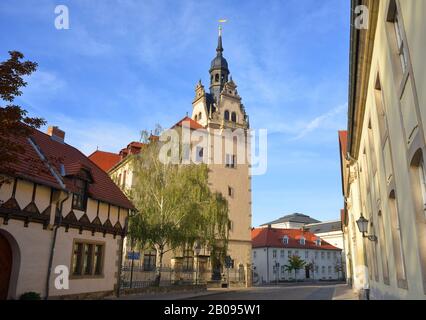 Bâtiments historiques cityscape, la rue du château Schlosstrasse avec la mairie de Bernburg Saale Banque D'Images