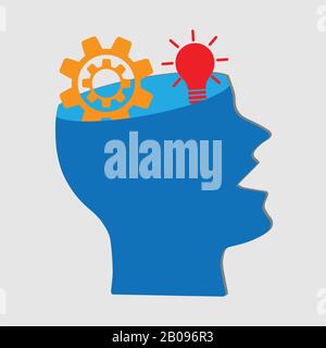 Roue dentée et ampoule dans une tête humaine, concept d'idées imaginatives Illustration de Vecteur