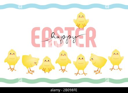 Joyeuses Pâques. Un groupe de petits poussins sur un fond blanc. Poussins jaunes. De jolis personnages de dessin animé. Illustration vectorielle. Illustration de Vecteur