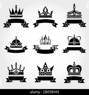 Modèles de logo Royal Vector couronnes et rubans en noir. Illustration de la conception monochrome de l'étiquette couronne Illustration de Vecteur