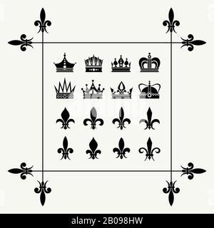 Couronnes Geraldiques et éléments de conception de la fleur de lys. Illustration vectorielle de symbole royal d'art Illustration de Vecteur
