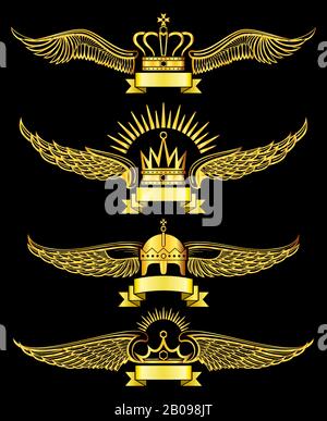 Ensemble de couronnes à ailes vectorielles dorées et logo royal en ruban. Couronne dorée avec illustration des ailes Illustration de Vecteur