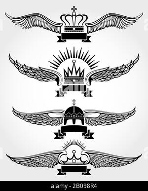 Couronnes et rubans à ailes vectorielles modèles de logo royal définis dans une illustration blanche noire Illustration de Vecteur