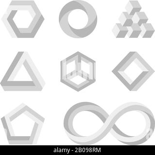 Formes paradoxaux impossibles, objets torsadés en trois dimensions, symboles mathématiques vectoriels. Style visuel impossible, illustration de la géométrie boucle impossible pour le logo Illustration de Vecteur