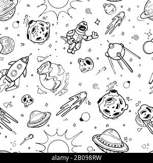 Texture de l'espace avec planètes, étoiles, vaisseaux spatiaux. Motif de dessin vectoriel sans couture. Bateau spatial et dessin de comète Doodle, science espace galaxie illustration dessinée à la main Illustration de Vecteur