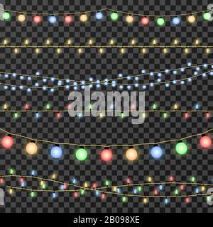 Feux de guirlande de noël vectoriels isolés sur fond transparent. Guirlande de décoration pour la fête, guirlande de lampes sur cordes pour l'illustration de l'événement Illustration de Vecteur