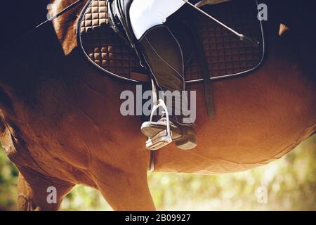 Dans une chaussure noire, le pied d'un cavalier se base sur un étrier, assis un cheval de baie dans la lumière vive du soleil d'été. Banque D'Images