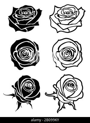 Gros plan rose vecteur tatouage, logos, silhouettes fleuries. Jeu de roses monochromes à fleurs, roses avec illustration pétale Illustration de Vecteur