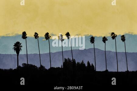 Les palmiers, les pins, les montagnes, les nuages et le ciel sont vus dans cette illustration de paysage à effet d'aquarelle inspirée du nord de la Californie. Banque D'Images