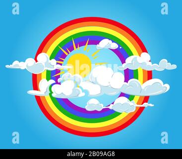 Encerclez l'arc-en-ciel et les nuages bleu ciel. Temps d'été coloré et lumineux. Illustration vectorielle Illustration de Vecteur