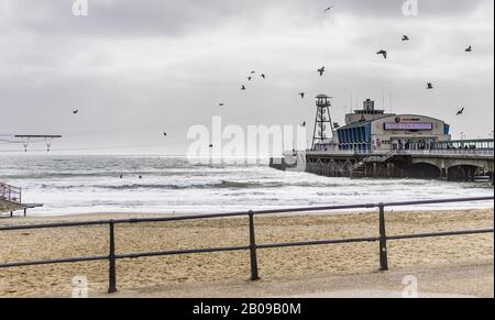 Troupeau d'oiseaux dans l'air avec la jetée de Bournemouth comme toile de fond, Dorset, Royaume-Uni. Pris le 14 février 2020. Banque D'Images