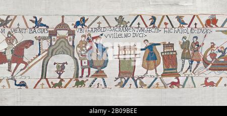 Bayeux Tapestry scène 23 : devant le duc William, Harold touche 2 reliqueries et se sent fealty au duc William. BYX23 Banque D'Images