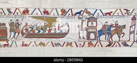 Scène de la tapisserie de Bayeux 23 : Ayant prêté serment à Duke William Harold revient en Angleterre. BYX23 Banque D'Images