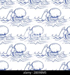 Les courbes tracées à la main bleues sont un motif transparent vectoriel. Illustration de la toile de fond des vagues d'eau Illustration de Vecteur