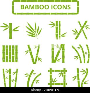 Tiges de bambou et feuilles icônes vectorielles. Plantes asiatiques bbu zen isolées sur fond blanc. Coller bambou avec feuillage, cadre courbe bambou illustration Illustration de Vecteur