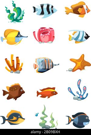 Objets de décor d'aquarium à dessin animé vectoriel, actifs sous-marins pour jeux de téléphonie mobile. Poissons de mer de couleur pour l'aquarium et l'illustration des récifs de corail de mer Illustration de Vecteur