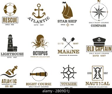 Vintage nautique, voile marine, étiquettes vectorielles de bateau de mer, insignes, logo. Logo marin de la mer, illustration de l'étiquette de la mer atlantique Illustration de Vecteur