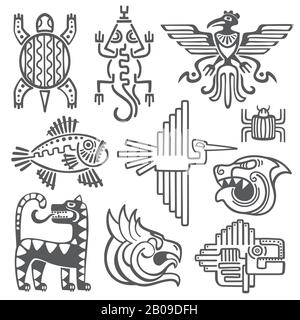 Aztec historique, symboles vectoriels inca, modèle de temple maya, signes de culture américaine indigène. Tatouer les anciennes tribus sous forme d'illustration d'animaux abstraits Illustration de Vecteur