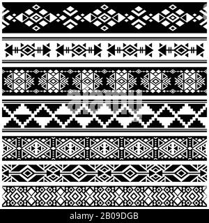 Frontières vectorielles tribales afro-américaines aztec et mexicaines, schémas. Monochrome de l'illustration tribale africaine Illustration de Vecteur