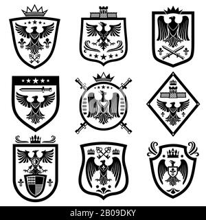 Pardessus d'aigle médiéval heraldry aux bras, emblèmes, insignes. Emblème héraldique monochrome avec aigle sur l'illustration du bouclier Illustration de Vecteur