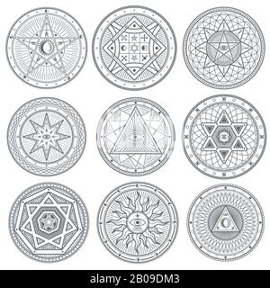 Symboles occultes, mystiques, spirituels, ésotériques vectoriels. Symbole de tatouage masonique spirituel, illustration des signes de religion spirituelle Illustration de Vecteur