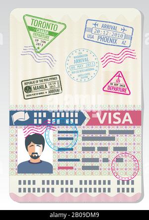 Ouvrez un passeport personnalisé avec des timbres de visa. Concept vectoriel de voyage d'affaires. Passeport avec visa pour l'illustration du passage frontalier Illustration de Vecteur