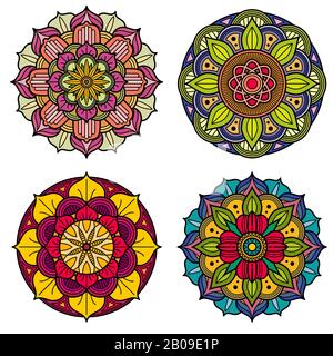 Motifs vectoriels floraux indiens et chinois de couleur mandalas. Ensemble de mandala florales. Illustration du mandala asiatique Illustration de Vecteur