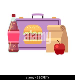 Déjeuner scolaire sain, petit déjeuner étudiant, stock vectoriel de boîte de déjeuner scolaire. Déjeuner pour l'école, boisson sandwich à la boîte à déjeuner et illustration de pomme Illustration de Vecteur